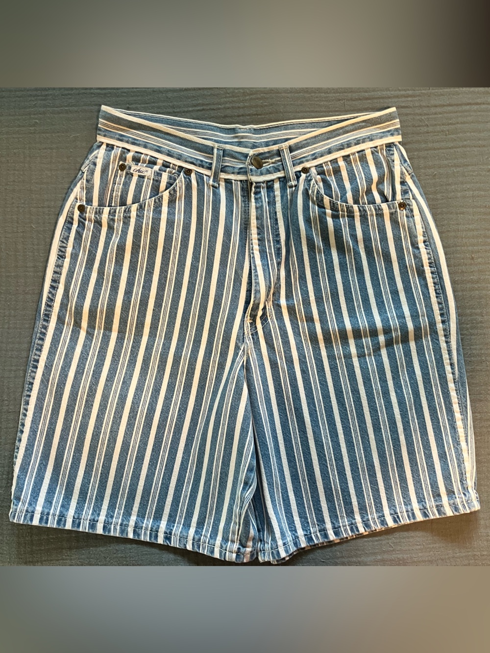 Vintage Women’s Chic High Rise Denim Striped Shorts, size 14